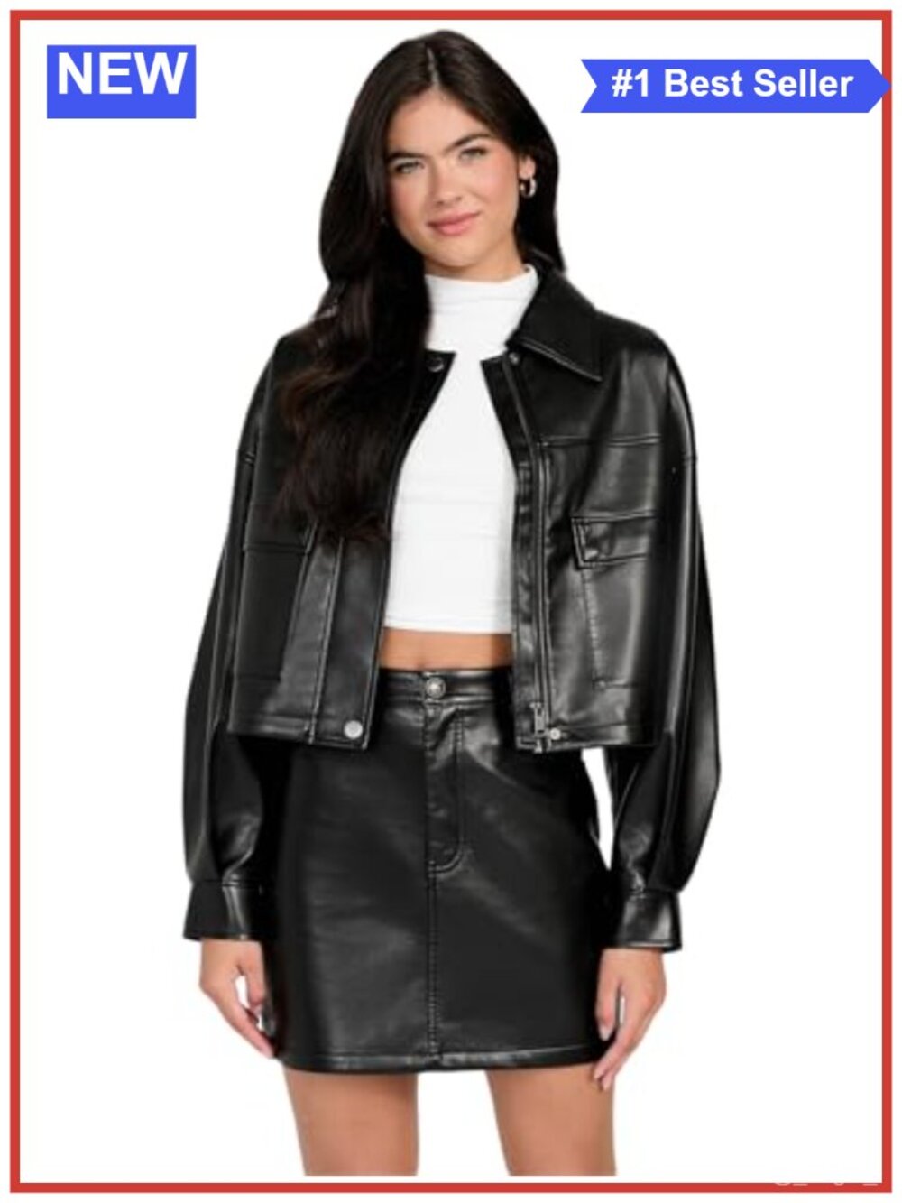 Faux Leather Cropped Moto Jacket Full Zip Womens